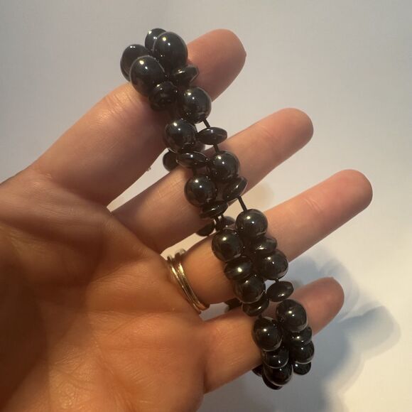 Natural Hematite Beaded Bracelets Set of 2 Stretch Elastic Stone Beads - Picture 6 of 9